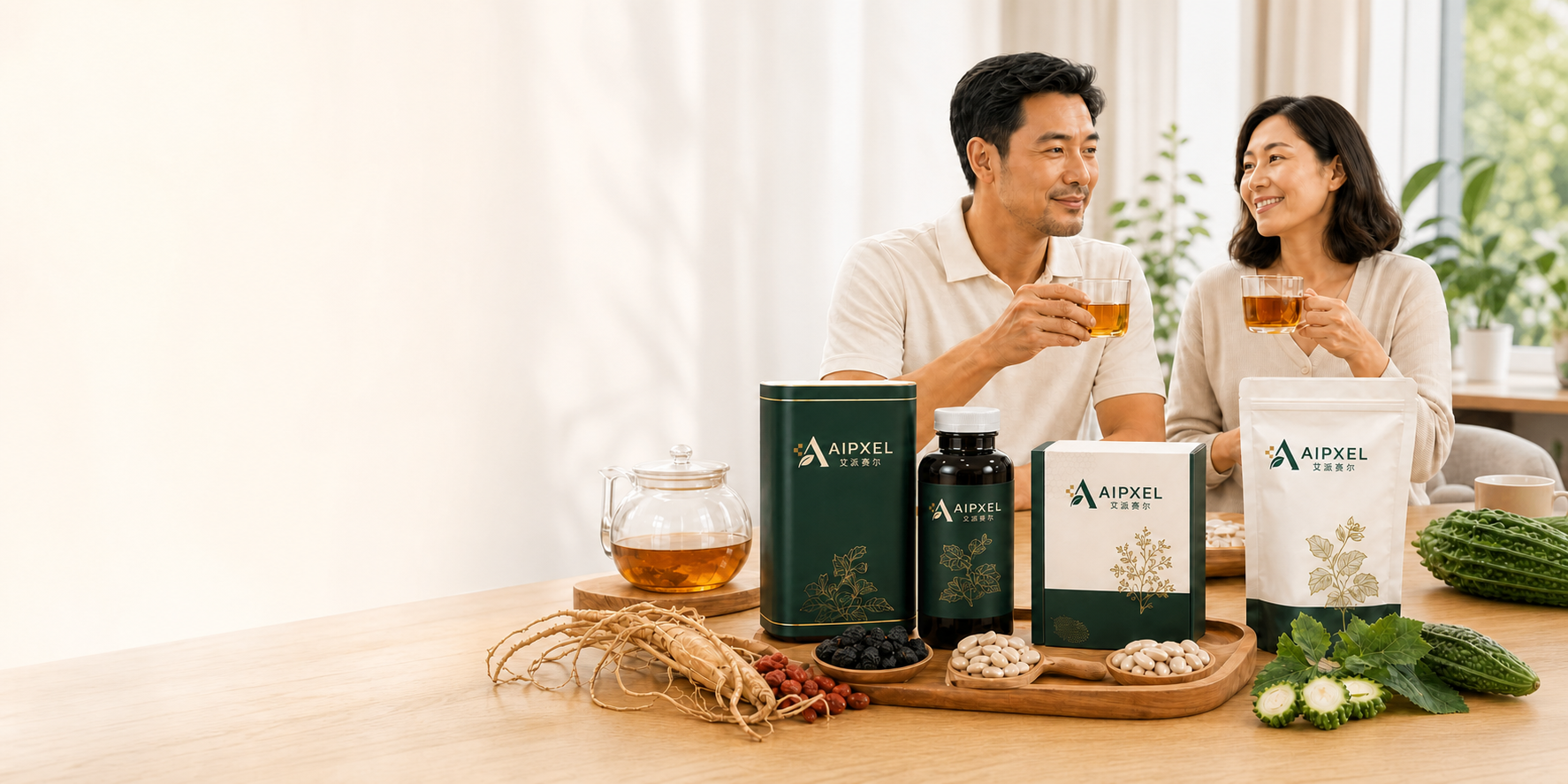 草本原料与 AIPXEL 产品置于自然、沉静的场景中